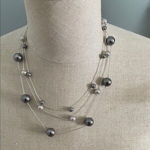 Chic Silver and Gray Multi-Strand Faux Floating Pearl Necklace with Earrings